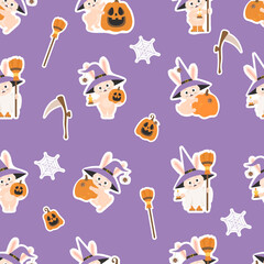Seamless pattern Halloween. Stickers cute rabbit in witch hat with broom, Pumpkin Jack, witchs scythe and ghost on purple background with cobwebs. Vector illustration. Cute Halloween background.