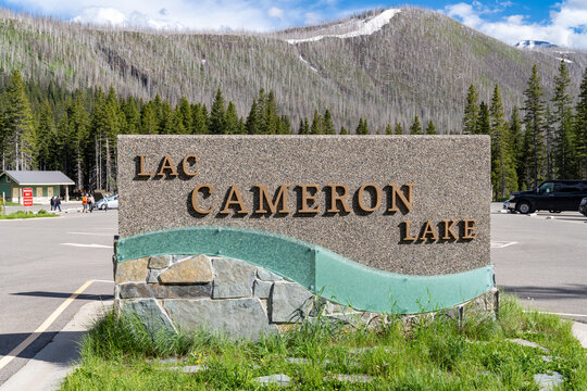 Waterton, Alberta, Canada - July 5, 2022: Welcome sign to Cameron Lake in  Waterton Lakes National Park