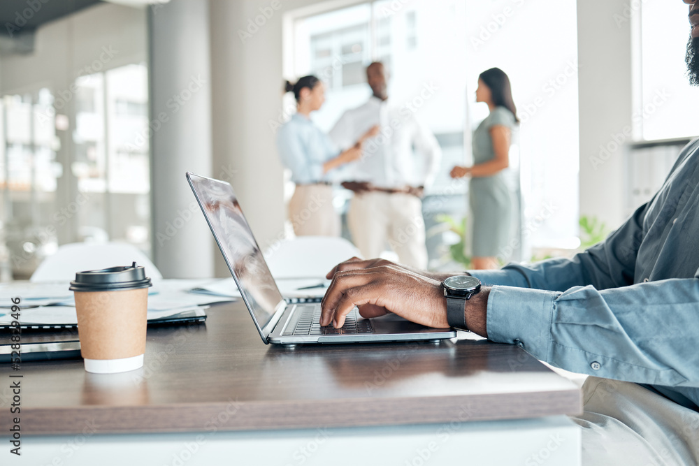 Aufkleber laptop, work and a business man at a startup working at a desk in an open office with documents. tea