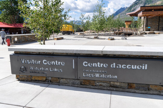 Waterton, Alberta, Canada - July 5, 2022: Sign for the Waterton Lakes National Park Visitor Centre in the downtown area