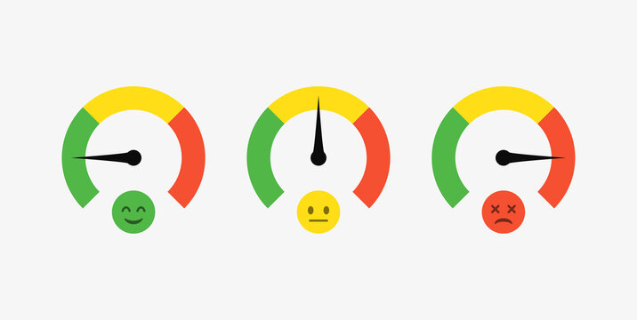 Feedback emoji slider emoticon satisfaction meter scale emoticon level scale rating emojis happy smile neutral sad angry emotions. three facial expression emojis with speedometer frame