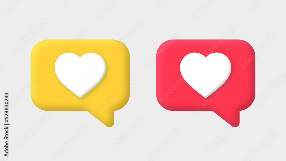 Poster 3d heart like icon speech bubble button in modern style for social media notification icons - love i