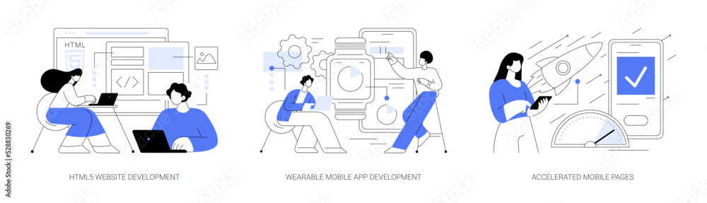 Poster software and frontend development abstract concept vector illustrations.