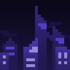 Illustration of Cityscape at Night, Pixelated Art Style