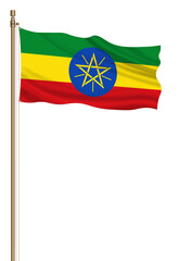 3D Flag of Ethiopia on a pillar blown away isolated on a white background.