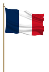 3D Flag of France on a pillar blown away isolated on a white background.