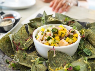 Fresh Served Ceviche and Avocado Chips