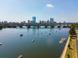 Fototapeta na wymiar Longfellow Bridge aerial view that connects city of Cambridge and Boston over Charles River with Back Bay skyline, Boston, Massachusetts MA, USA. 