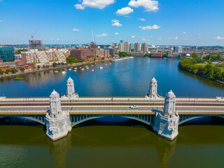 Longfellow Bridge aerial view that connects city of Cambridge (left) and Boston (right) over Charles River, Boston, Massachusetts MA, USA. The bridge is a steel rib arch bridge built in 1906. 