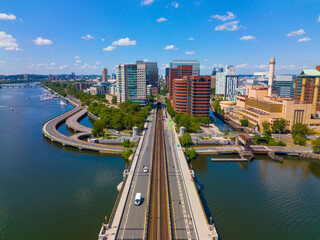 Cambridge Kendall Square skyline and Longfellow Bridge aerial view, Boston, Massachusetts MA, USA....