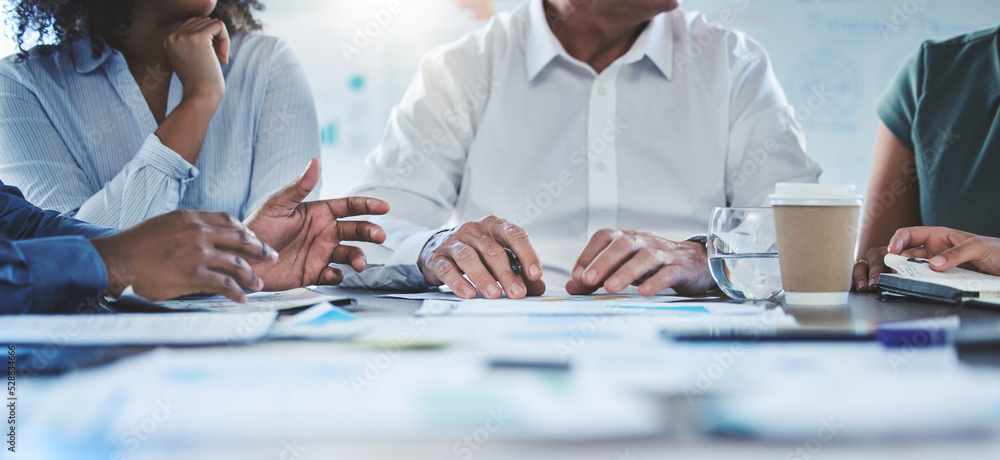 Wall mural Hands, teamwork and collaboration with a team of business people in a meeting for planning, strategy and vision. Talking about the mindset and mission of company growth and development for the future