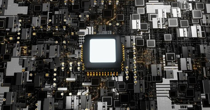 Computer circuit board or motherboard. Electron stream running from CPU concept, technology data transmission in electronic devices. Technology and communication concept. 3D rendering