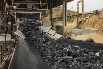Industrial mining handling belt conveyor moving raw materials