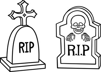 Gravestone RIP with skull line icon. Tombstone outline style for halloween. Vector illustration