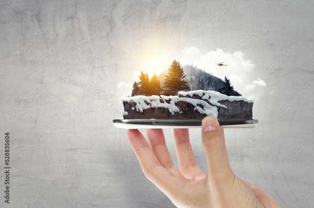 Poster Mountain with snow top in hands