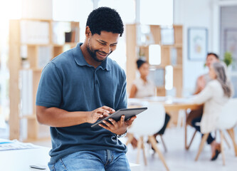Black man business planning online digital tablet, internet and web apps technology in startup...