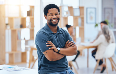Fototapeta na wymiar Business meeting, black man and smile portrait with arms crossed at coworking conference desk. Casual corporate male with proud, confident and happy expression at office building boardroom.