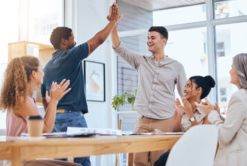 Business people giving high five for success in meeting, people clapping hands for team achievement...