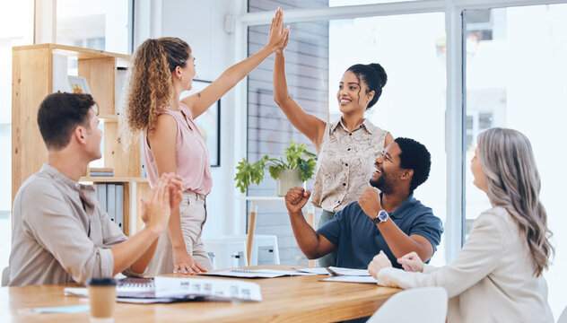 Business teamwork high five celebrate deal success, achievement and winner motivation working in startup agency. Happy company of people, employee collaboration and worker in support of excited goal