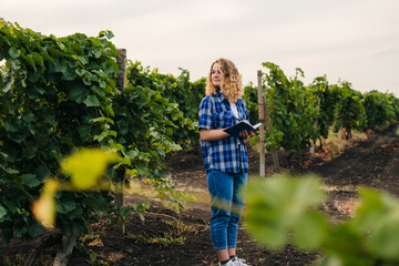 Woman agronomist specialist standing in the middle of vineyards checking the quality in the...
