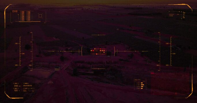 Drone HUD head up display graphic interface with scenic landscape, Drone fly with technology futuristic animation