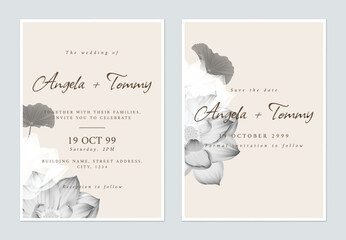 Floral wedding invitation card template design, Indian lotus flowers and leaves on brown