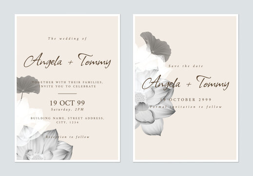 Floral wedding invitation card template design, Indian lotus flowers and leaves on brown - Powered by Adobe