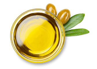 Olive oil. Glass bowl with olive oil, olives and green leaves. Extra virgin cold pressed olive oil good for cooking salad. Liquid oils. High quality and resolution photo. Isolated white background.