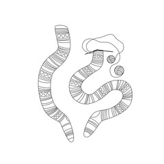 Striped long doodle knitted warm socks with heart pattern, vector flat illustration. Pair of cartoon cute comfortable handmade stocking. Hand drawn cozy seasonal wear