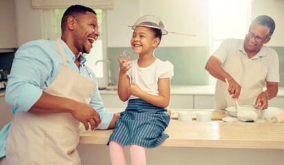 Girl, father and funny and crazy kitchen entertainment with child to bond with parent in home....