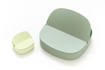 Storage box isolated on white background. Green tiny storage box. Minimalist object. Scandinavian style. Home decoration. Simplicity. Household items. Home organization products. Steel material.