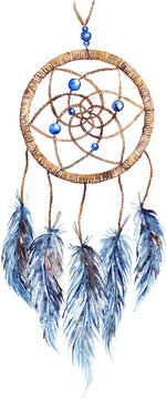 Watercolor ethnic tribal hand made feather dreamcatcher isolated art