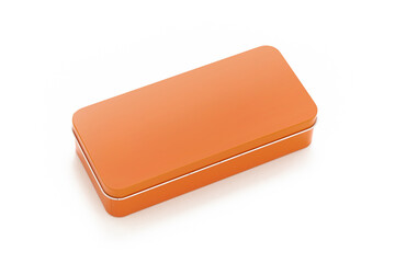 Orange steel box isolated on white background. Pencil case. Beautiful object. Minimalist design....