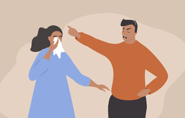 vector illustration in a flat style on the theme of domestic violence. man shouting aggressively at crying woman