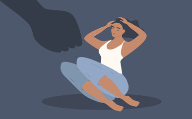 vector illustration in a flat style on the theme of domestic violence. a frightened woman sits on the floor, a fist is raised above he - obrazy, fototapety, plakaty