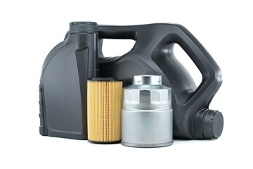 Car oil filters and motor oil cans over white