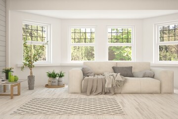 White living room with sofa and summer landscape in window. Scandinavian interior design. 3D illustration