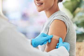 Band aid, vaccine or injection for covid and global virus in security, safety or wellness...