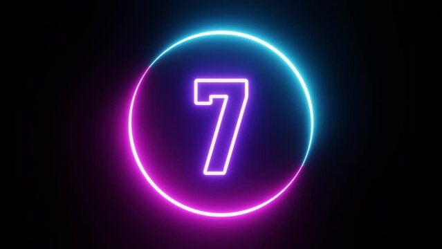 Digital countdown timer number ten to zero second with circular two tones of neon color light on black background. Cyberpunk blue and pink color on dark fluorescent light. 