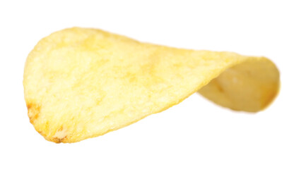 Single potato chip isolated on white background.