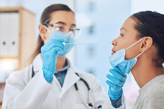 Covid, testing and healthcare with a medical doctor and patient doing a pcr test for corona virus symptoms. Hospital, medicine and consulting with a female health worker in appointment with a woman