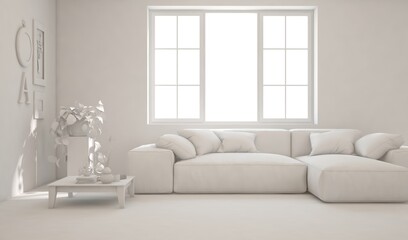 Obraz premium White minimalist living room with sofa. Scandinavian interior design. 3D illustration