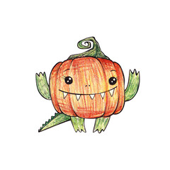 halloween. pumpkin monster doodle illustration. drawing with watercolor pencils. children's book illustration. for printing postcards, stickers, books, print on clothes.