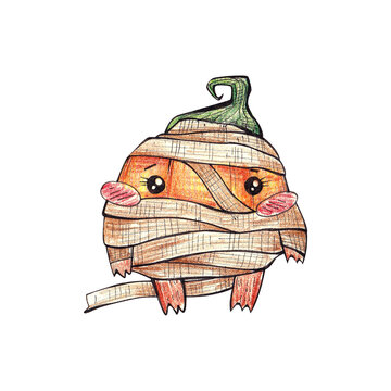 halloween. pumpkin mummy doodle illustration. drawing with watercolor pencils. children's book illustration. for printing postcards, stickers, books, print on clothes.