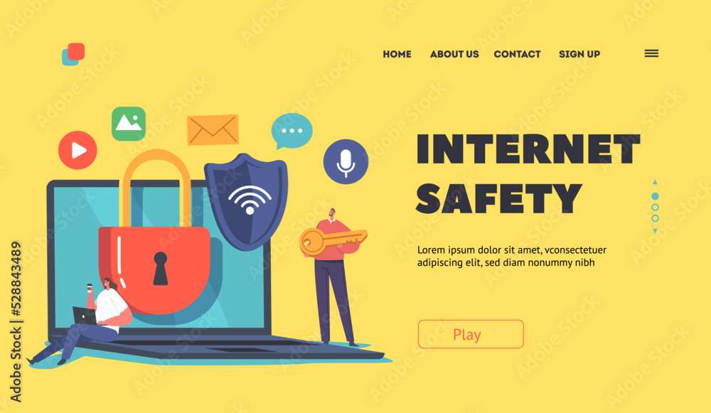 Poster internet safety landing page template.computer and account protection concept. characters work on co