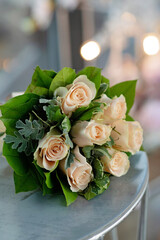 Wedding flowers, bridal bouquet close-up. Ornament of roses and ornamental plants, close-up, selective focus, nobody, objects