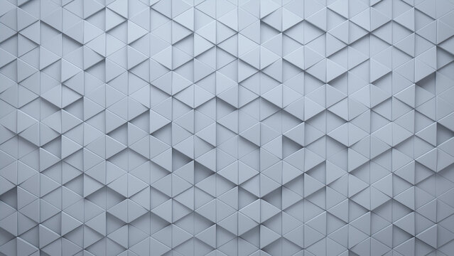 Futuristic, Triangular Mosaic Tiles arranged in the shape of a wall. Semigloss, White, Bricks stacked to create a 3D block background. 3D Render