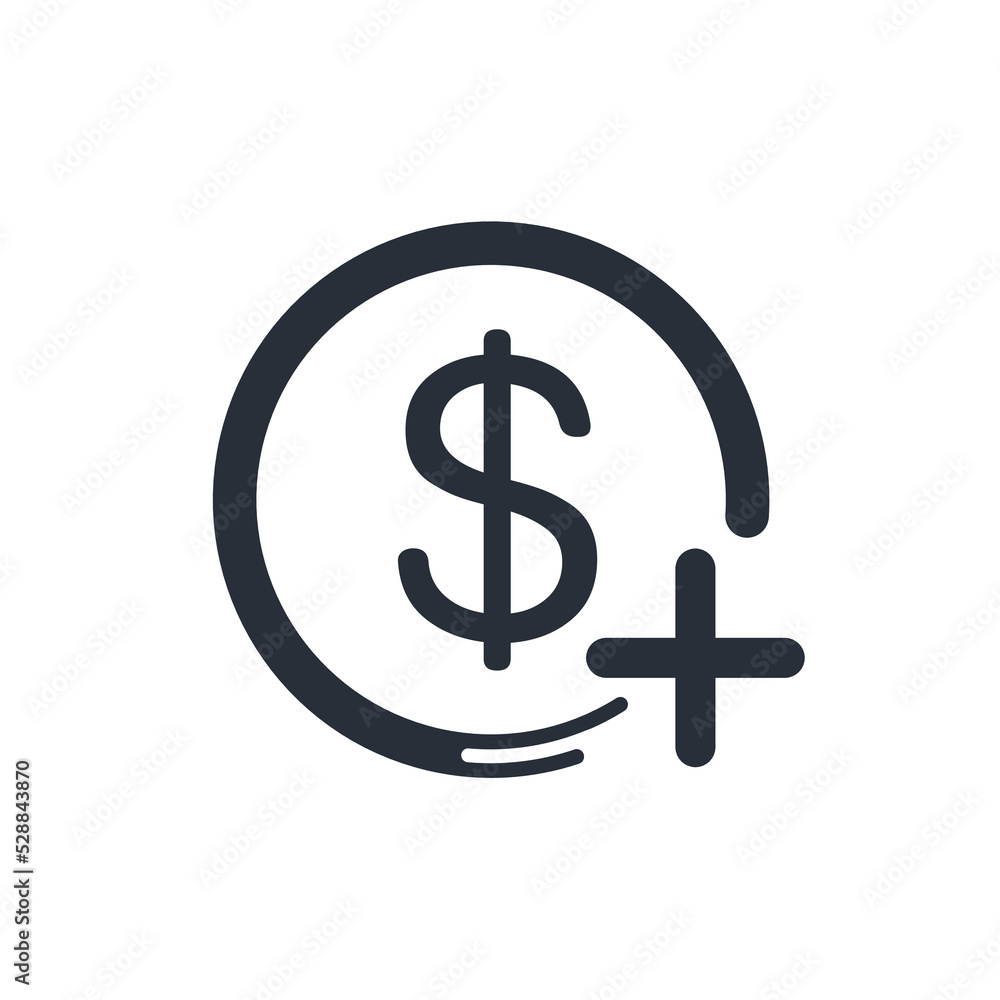 Poster dollar with a plus sign. additional financing. vector linear icon isolated on white background.