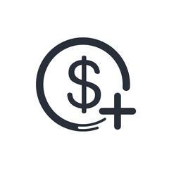 Obraz premium Dollar with a plus sign. additional financing. Vector linear icon isolated on white background.