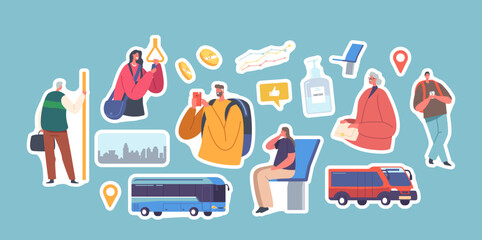Set of Stickers Passengers Travel on Bus, Urban Public Transport. Tourists and Citizen Characters Sitting and Standing